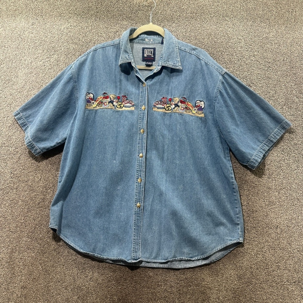 VTG 90s Quizz Woman Denim Shirt Women 20 Teddy Bear Soda Shop Embroidery Blue